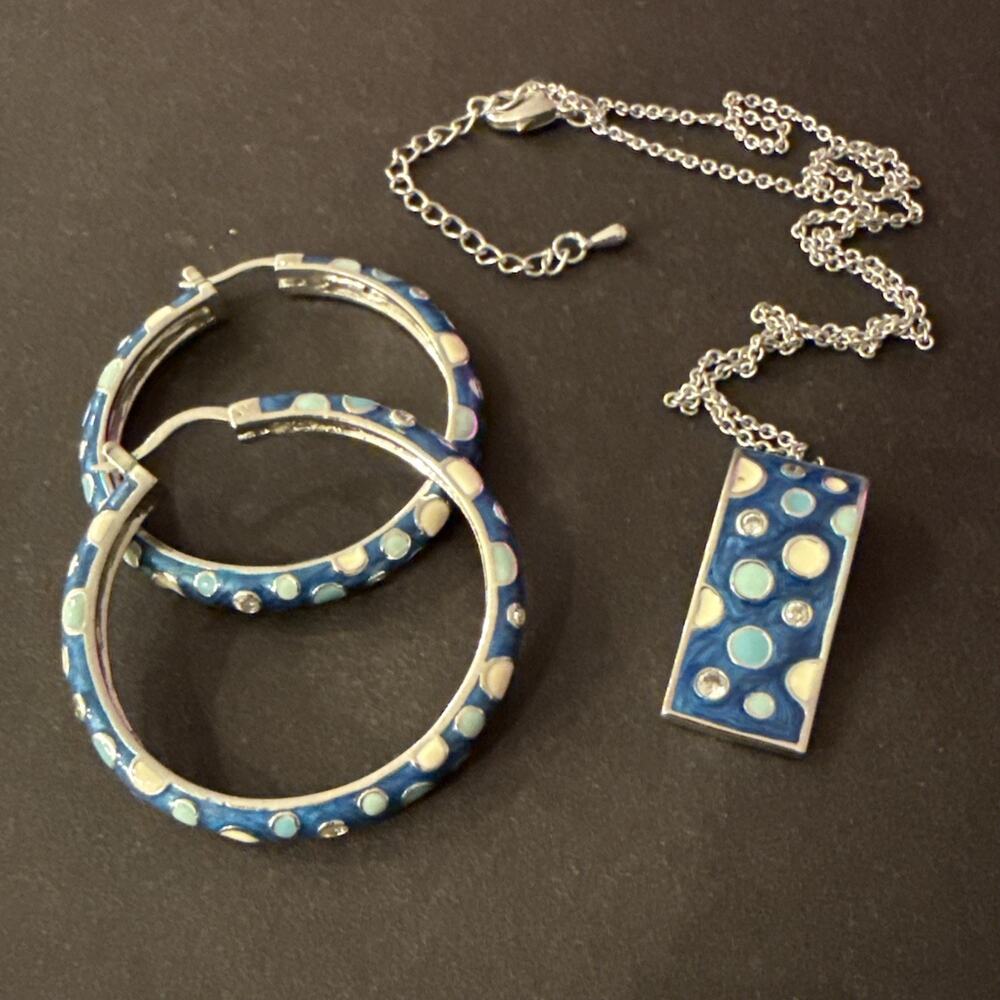 Blue Enamel Polka Dot Jewelry Set Hoop Earrings Necklace Rhinestones Silver Tone